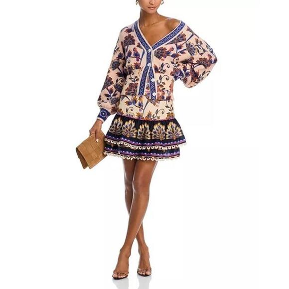 Farm Rio Ainika Floral Double Tiered A-Line Mini Skirt Women's Size L Cream - Picture 4 of 5